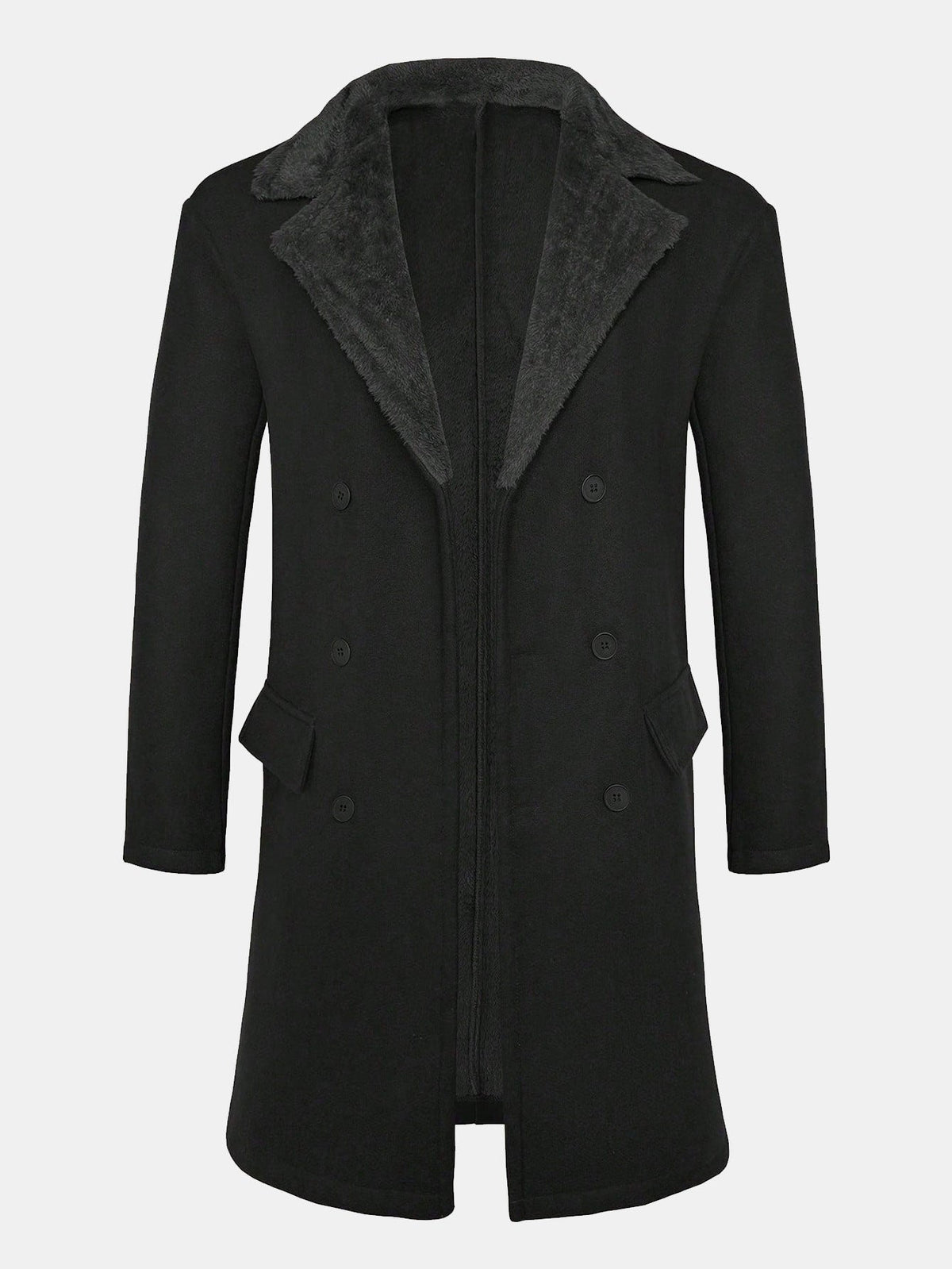 Men's Long Faux Wool Winter Coat – Double-Breasted Overcoat with Teddy Fleece Collar and Warm Lining for Smart Casual Wear