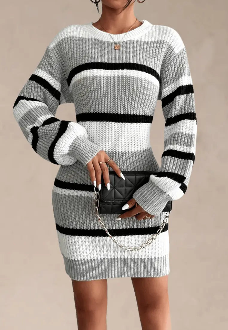 Women's Fitted Ribbed Knit Mini Sweater Dress – Long Sleeve Crew Neck Bodycon Sweater Dress for Autumn and Winter