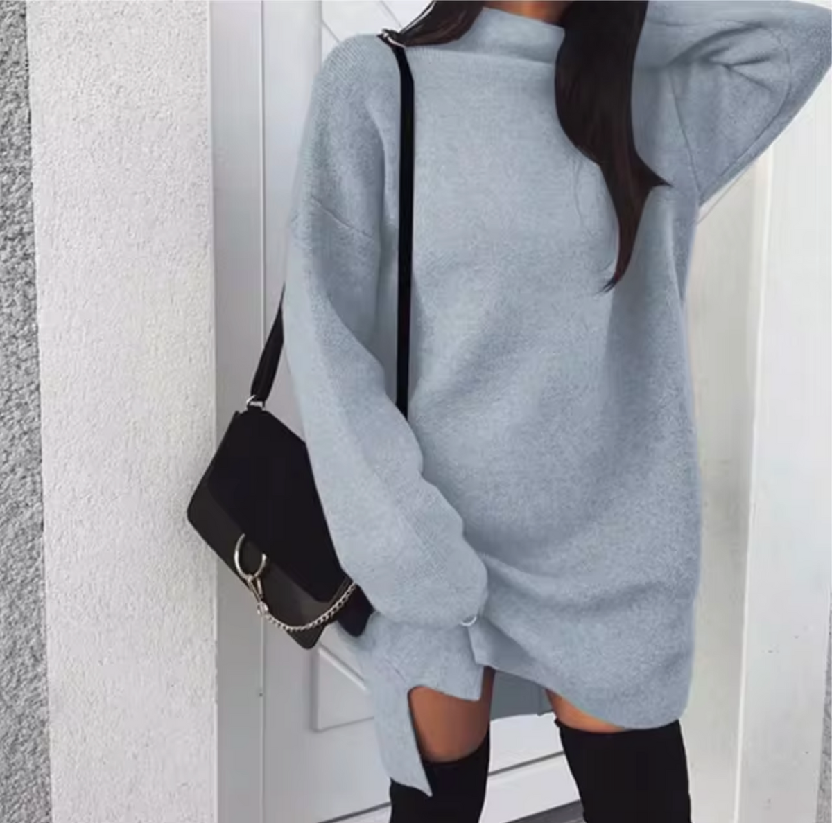 Women’s Wool and Cashmere Sweater Dress with High Neck and Side Splits – Oversized Knitted Mini Style for Cosy Autumn and Winter Dressing