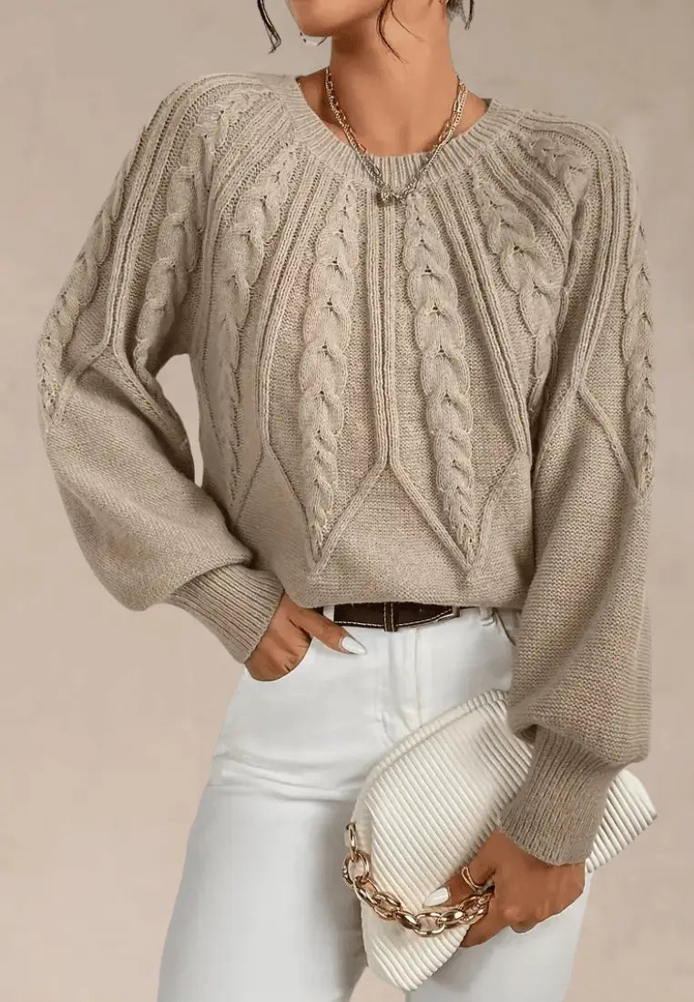 Women's Elegant Cable Knit Crew Neck Sweater with Puff Sleeves and Ribbed Cuffs – Relaxed Fit Textured Long Sleeve Knitted Pullover for Smart Casual Autumn and Winter Everyday Wear