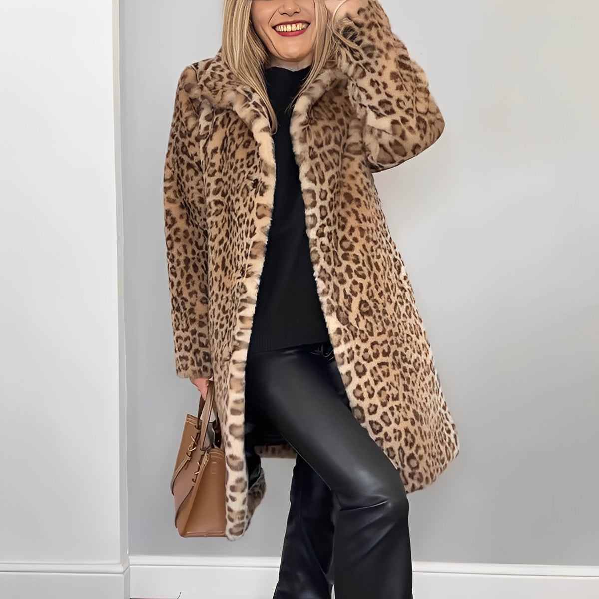 Women's Elegant Leopard Print Faux Fur Winter Coat with Plush Oversized Collar and Relaxed Longline Fit – Soft Textured Statement Outerwear with Long Sleeves for Stylish Autumn and Winter Everyday Wear and Evening Outfits