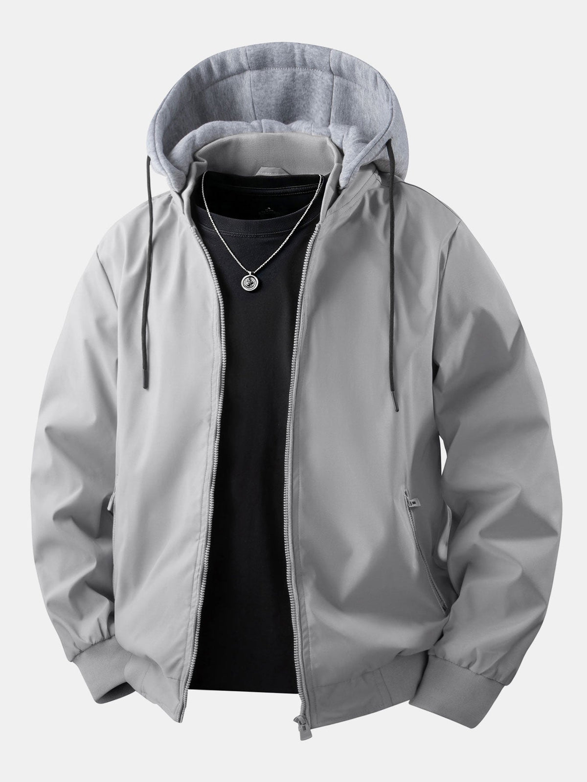 Men's Relaxed Hooded Bomber Jacket – Detachable Drawstring Hood with Zip-Up Front and Ribbed Trims for Casual Autumn Wear