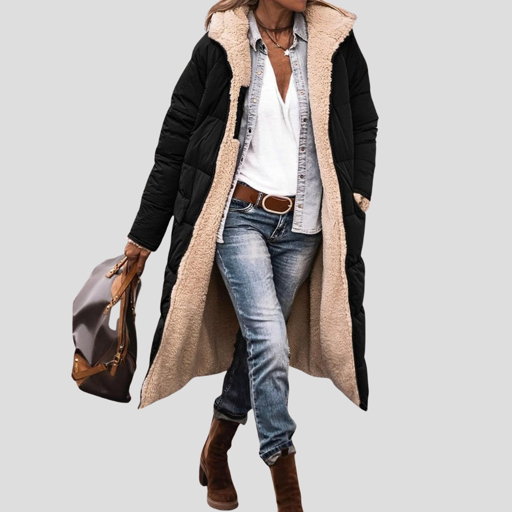 Women's Hooded Reversible Long Coat with Teddy Lining