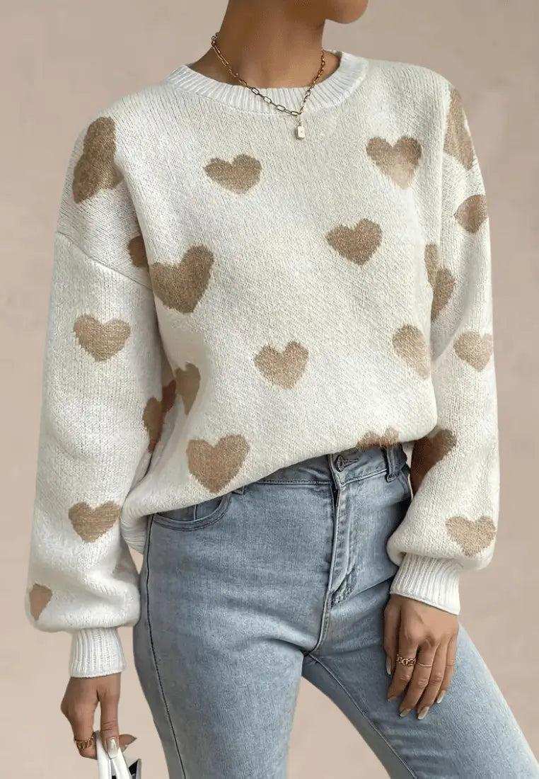 Women's Heart Pattern Knitted Sweater – Relaxed Crew Neck Long Sleeve Knitwear with Ribbed Trims for Autumn and Winter