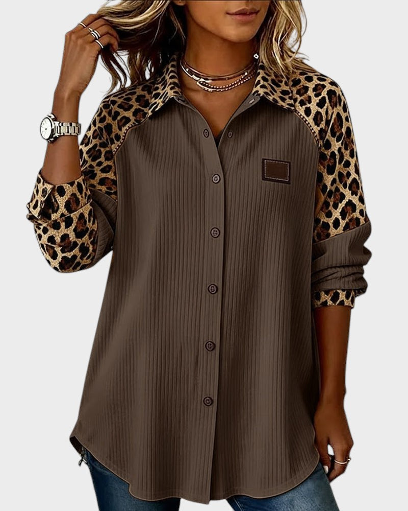 Women's Casual Ribbed Button-Up Shirt with Printed Sleeves and Collar – Relaxed Long Sleeve Top for Autumn and Everyday Wear
