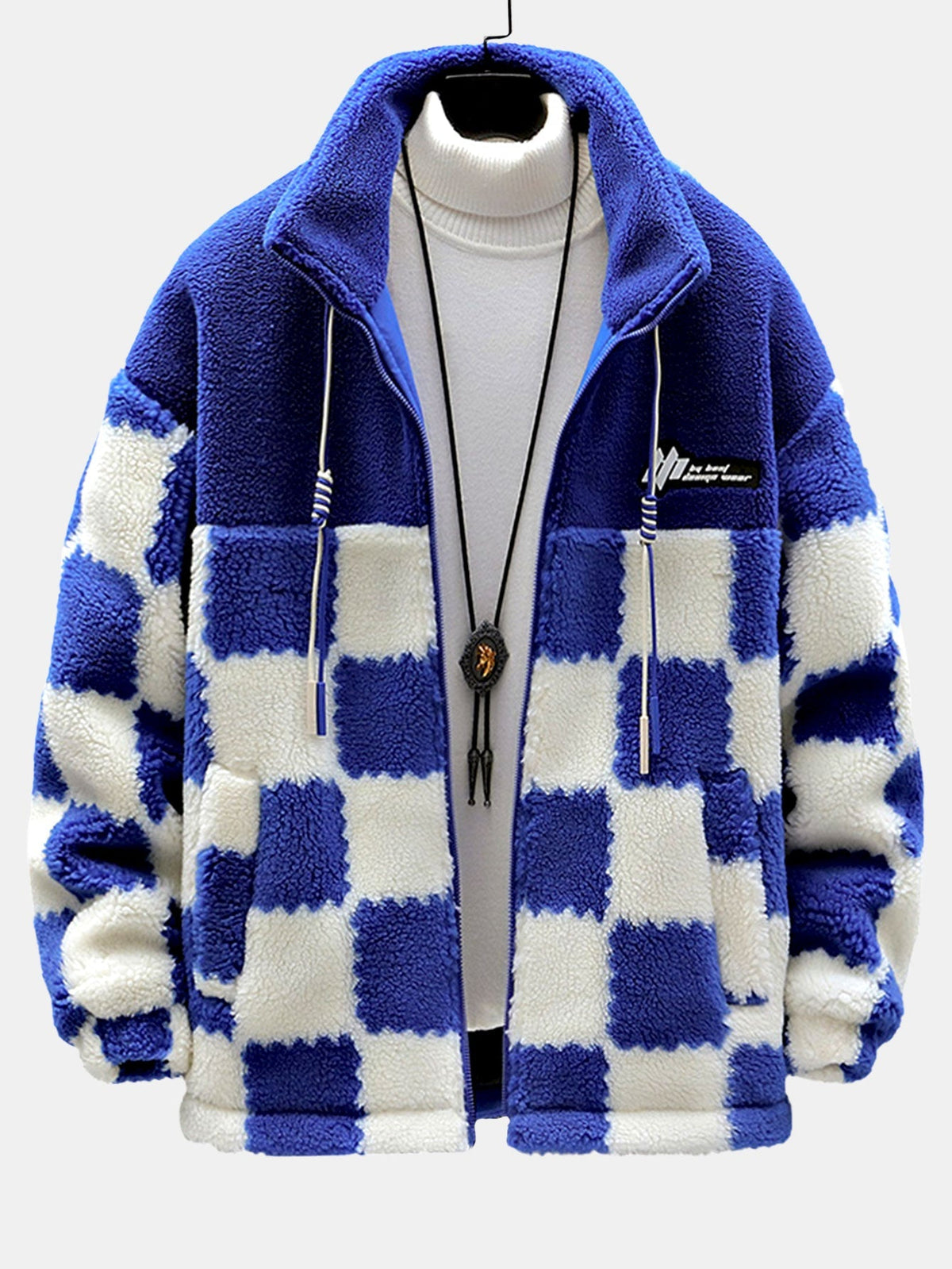 Men's Printed Teddy Fleece Jacket with High Collar – Soft Relaxed Fit Zip-Up Outerwear for Autumn and Winter
