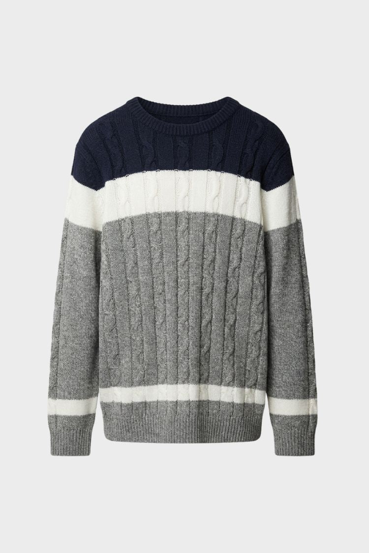 Men's Cable Knit Sweater | Colourblock Panel Crew Neck