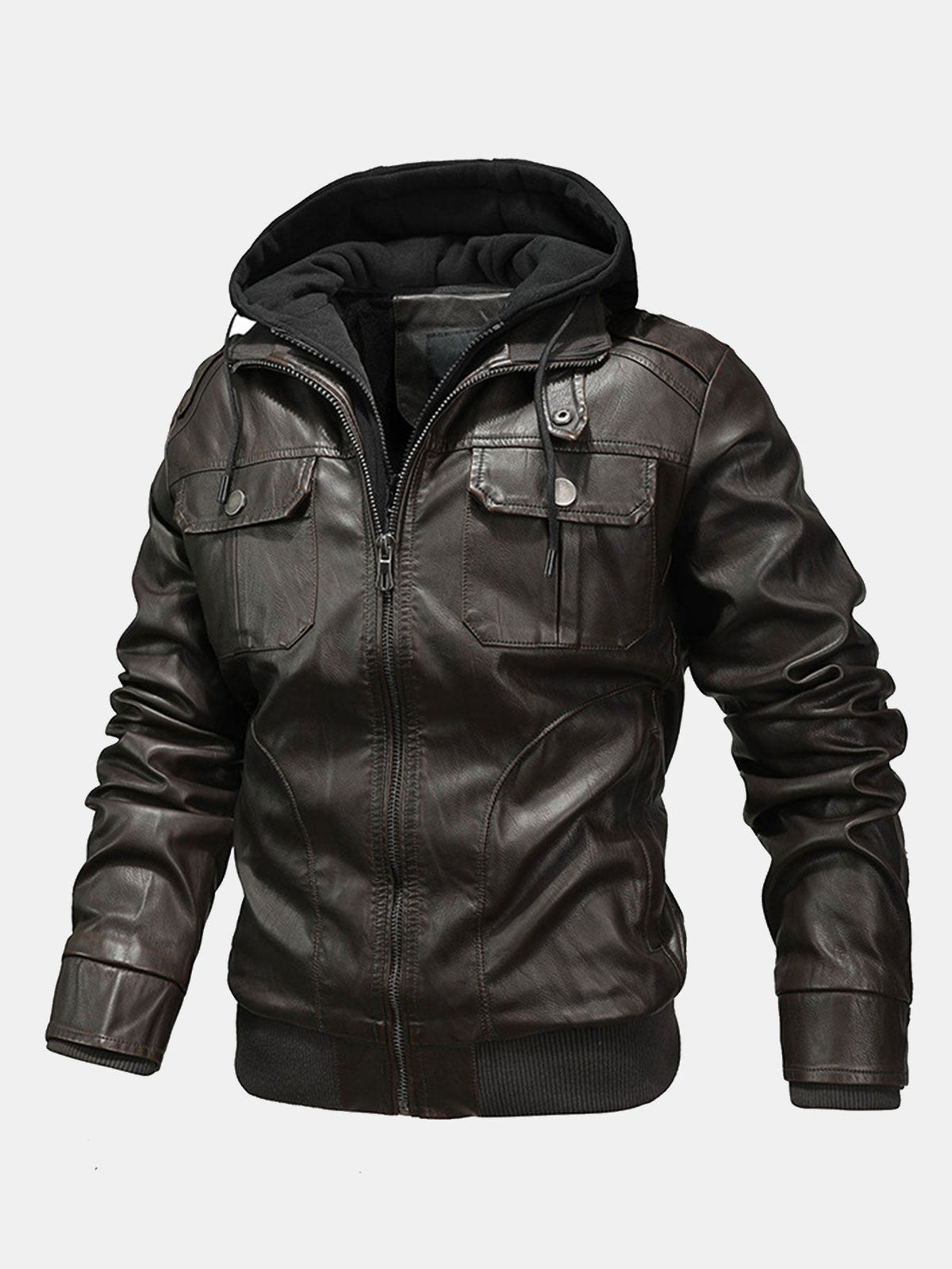 Men's Faux Leather Biker Jacket with Detachable Hood – Vintage Zip-Up Casual Outerwear for Autumn and Winter