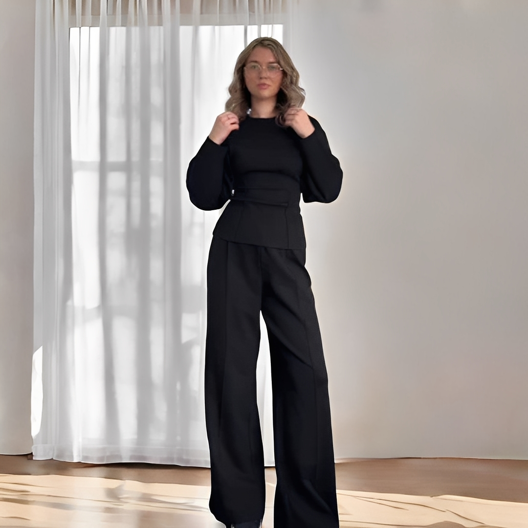 Women's Puff Sleeve Fitted Waist Top and Trousers Set – Elegant Structured Two-Piece Outfit for Smart Casual Occasions
