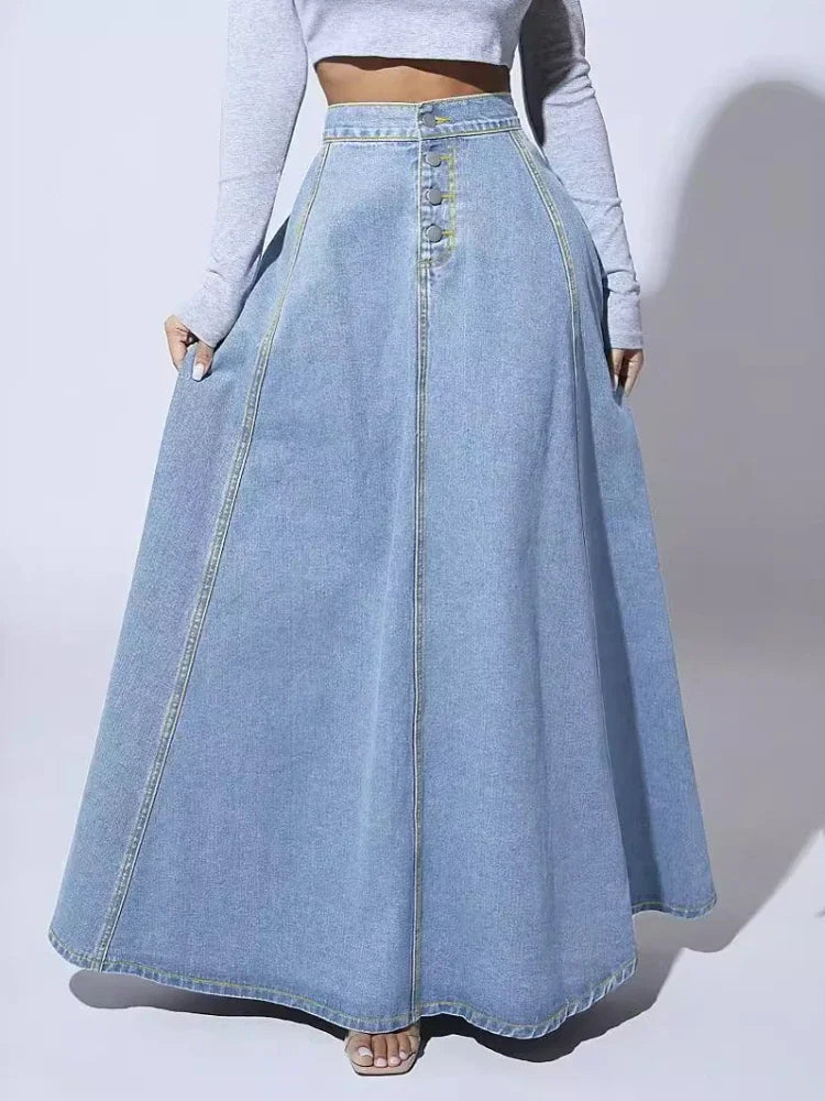 Women's High-Waist A-Line Maxi Skirt with Button Front