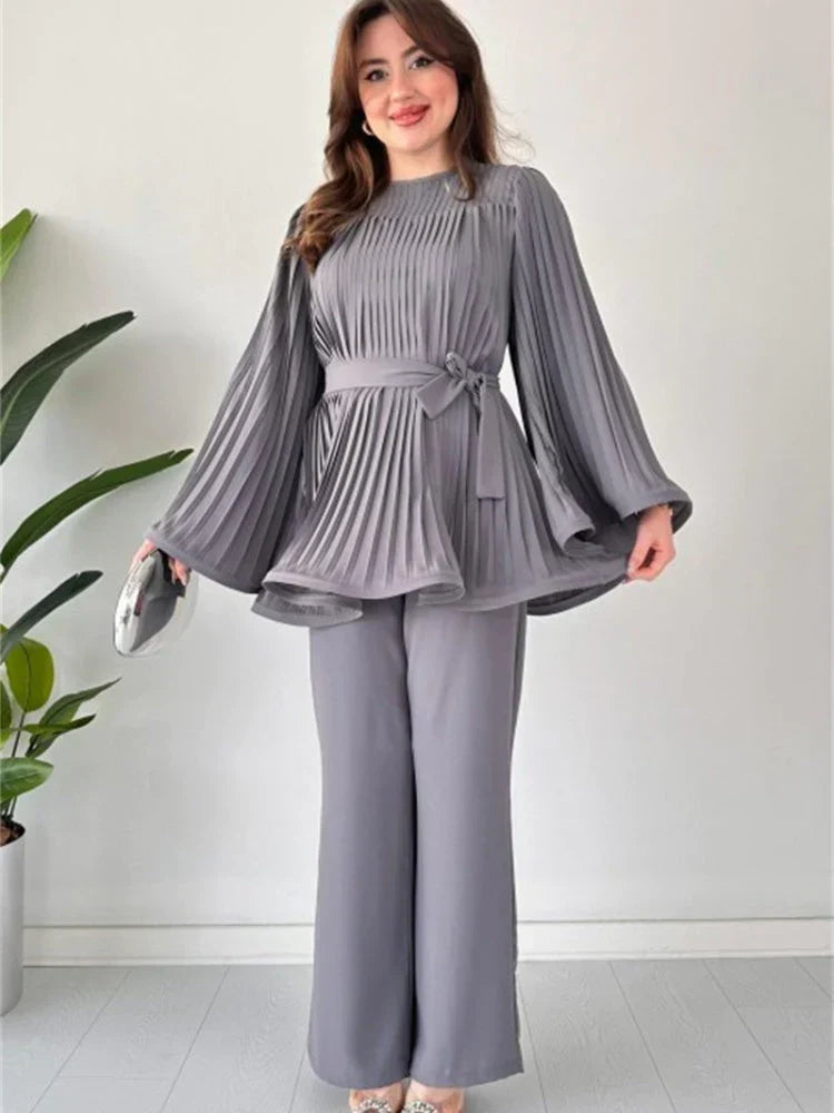 Women’s Pleated Belted Top and Wide-Leg Trouser Set – Elegant Two-Piece Outfit with Flowing Bell Sleeves for Work and Special Occasions