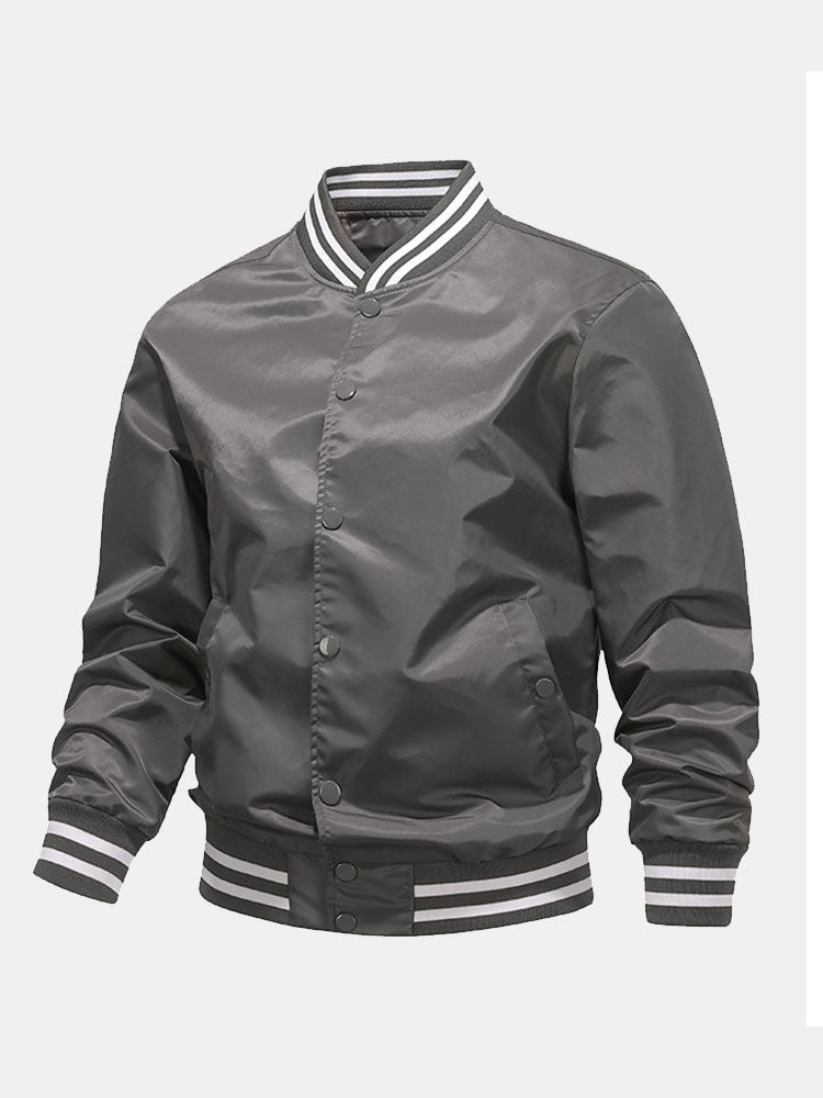 Men's Classic Baseball Bomber Jacket – Snap-Button Varsity Style Outerwear with Striped Ribbed Trims for Casual Spring and Autumn Wear