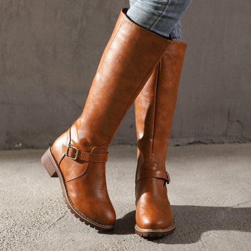 Women's Knee High Boots with Side Zip & Buckle Detail