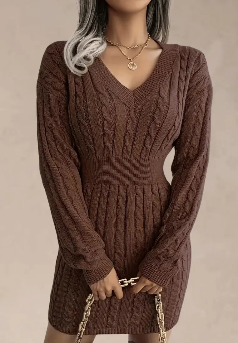 Women's Elegant Cable Knit V-Neck Mini Dress with Fitted Ribbed Waist and Long Sleeves – Soft Stretch Knitted Bodycon Sweater Dress with Textured Detailing for Smart Casual Autumn and Winter Occasion Wear