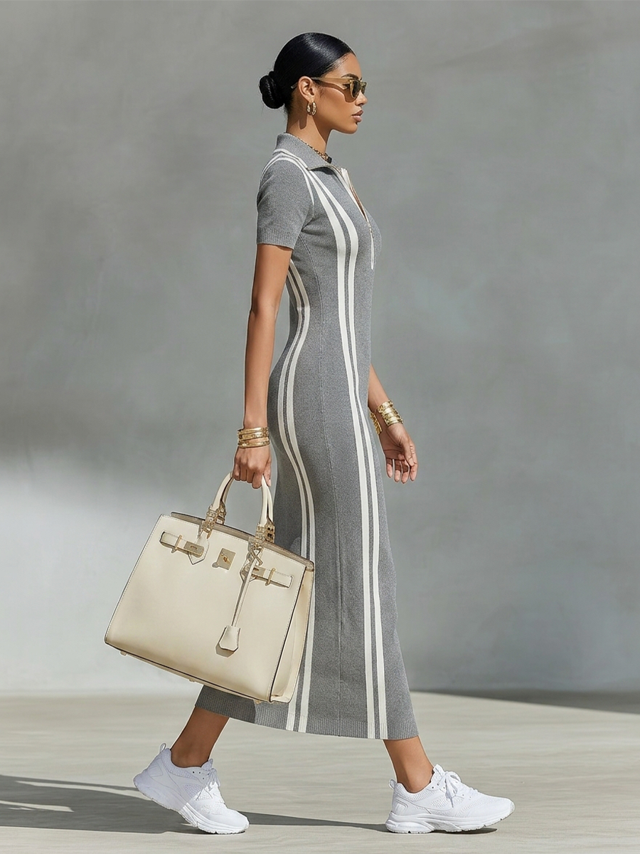 Women's Grey Short Sleeve Stretchy Knit Zip Polo Collar & Bodycon Vertical Side Stripes Maxi Dress