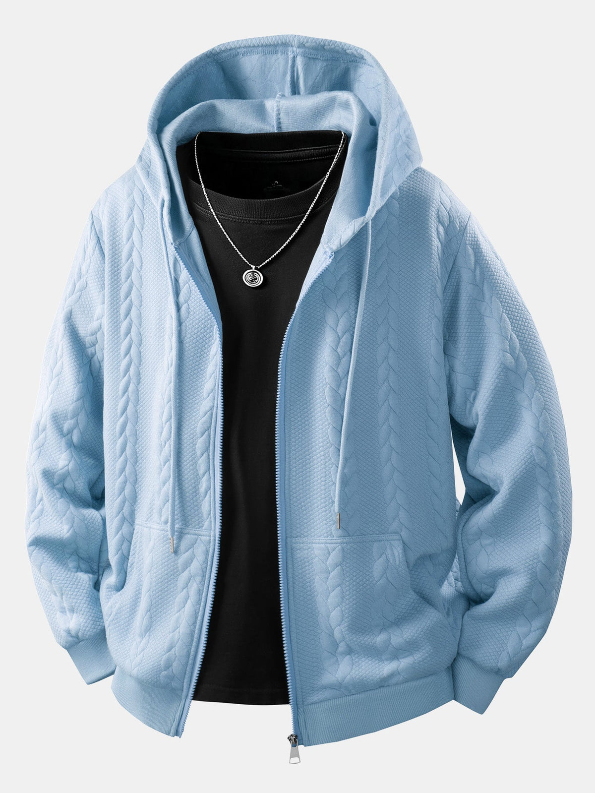 Men's Cable Jacquard Zip-Up Hoodie – Textured Long Sleeve Hooded Sweatshirt with Drawstrings and Pockets for Casual Everyday Wear