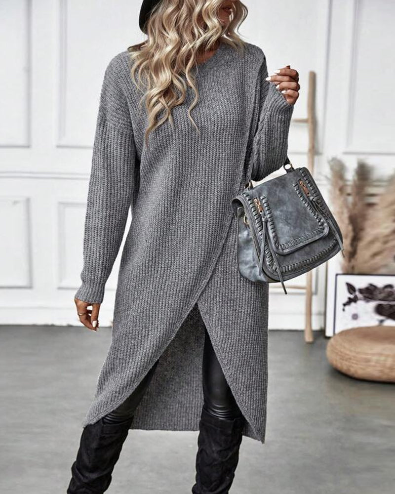 Women's Ribbed Sweater Dress with Side Slit Long Sleeve