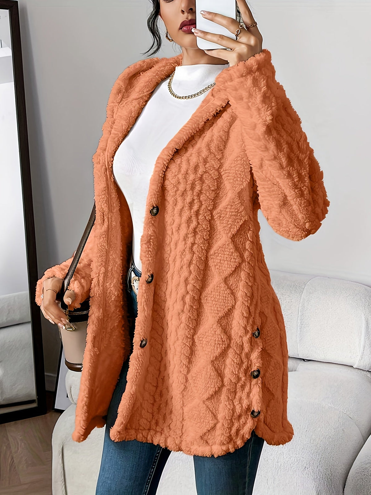Women’s Longline Textured Knit Cardigan with Button Front – Relaxed Warm Layer for Autumn and Winter