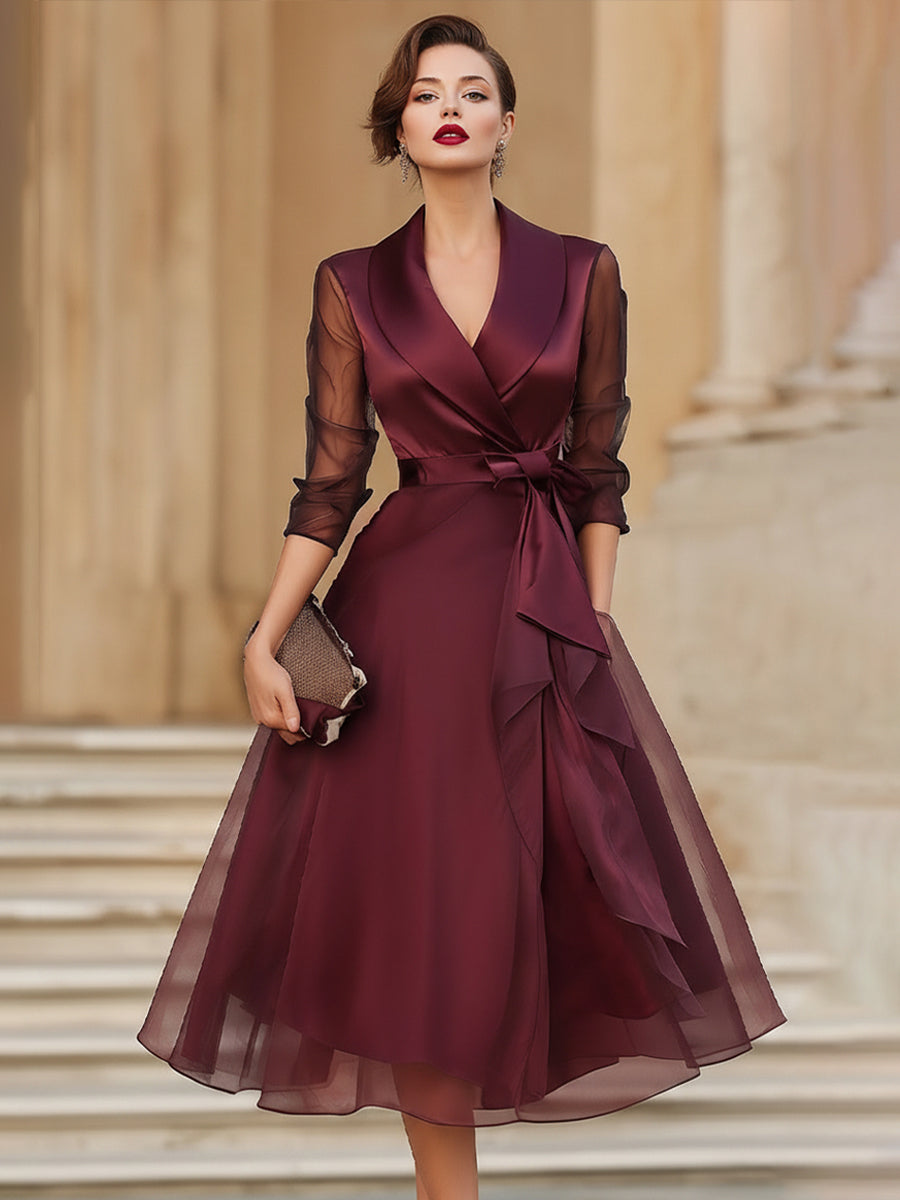 Mira | Elegant Wrap Midi Dress With Sheer Sleeves