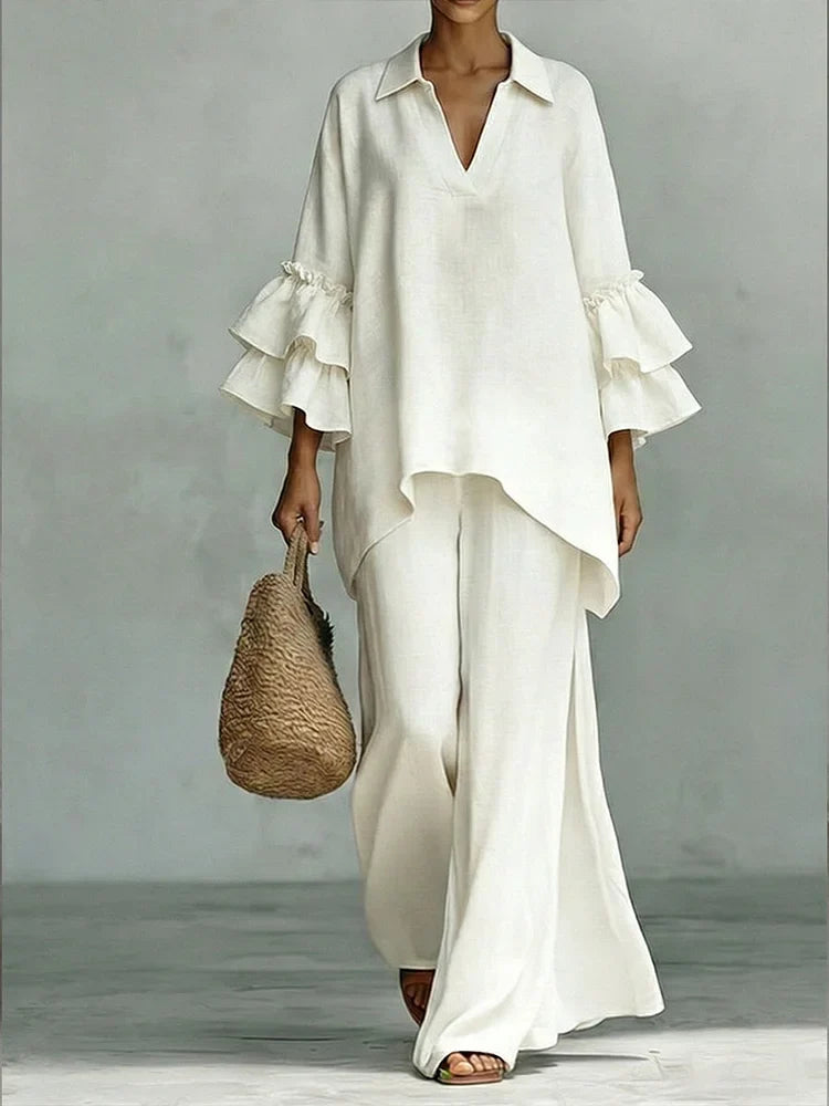 Casual Linen And Cotton Shirt And Wide-leg Pants Two-piece Set