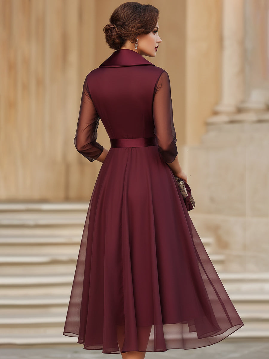 Veda | Elegant Long Sleeve Wrap Midi Dress With Sheer Sleeves