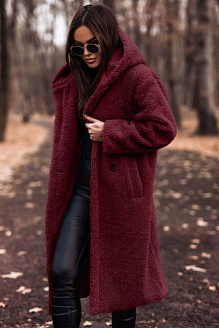 Women's Hooded Longline Teddy Coat with Button Front