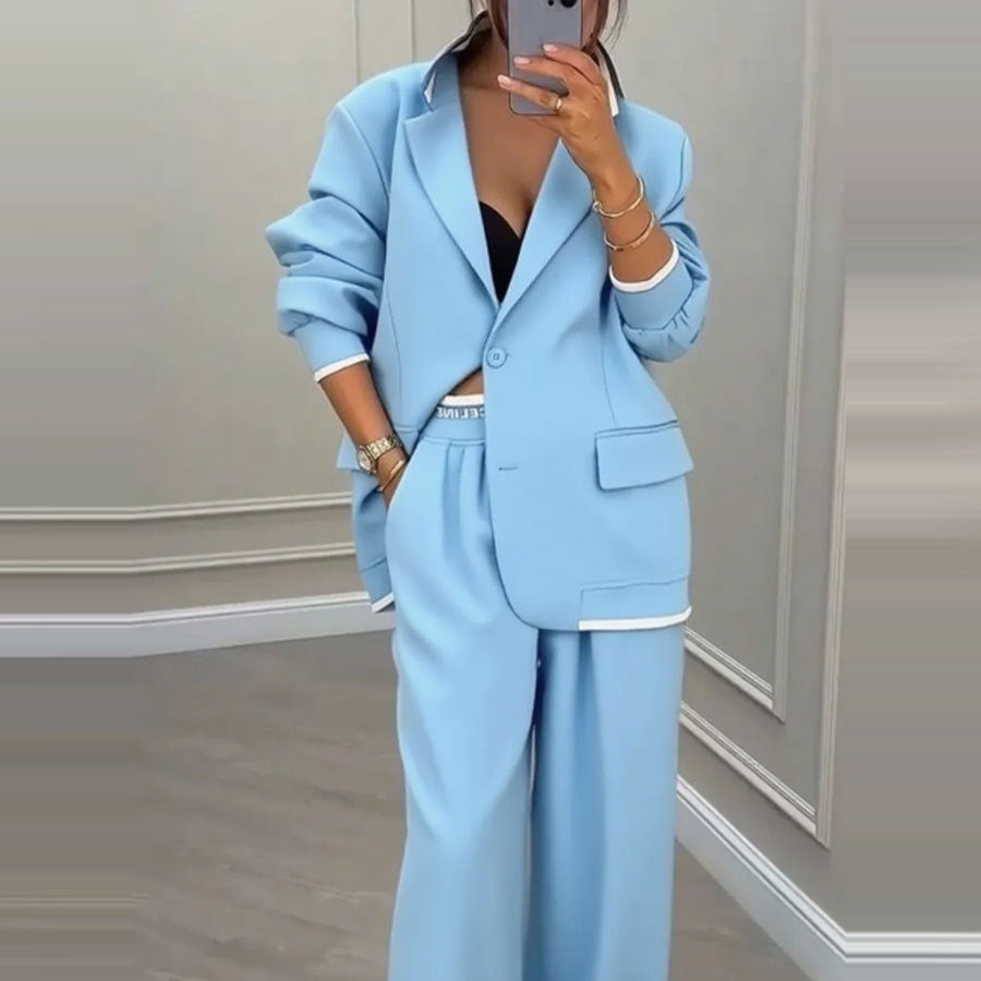 Women’s Elegant Tailored Blazer and Wide Leg Trouser Suit – Relaxed Fit Two-Piece Formal Outfit for Office and Smart Casual Wear