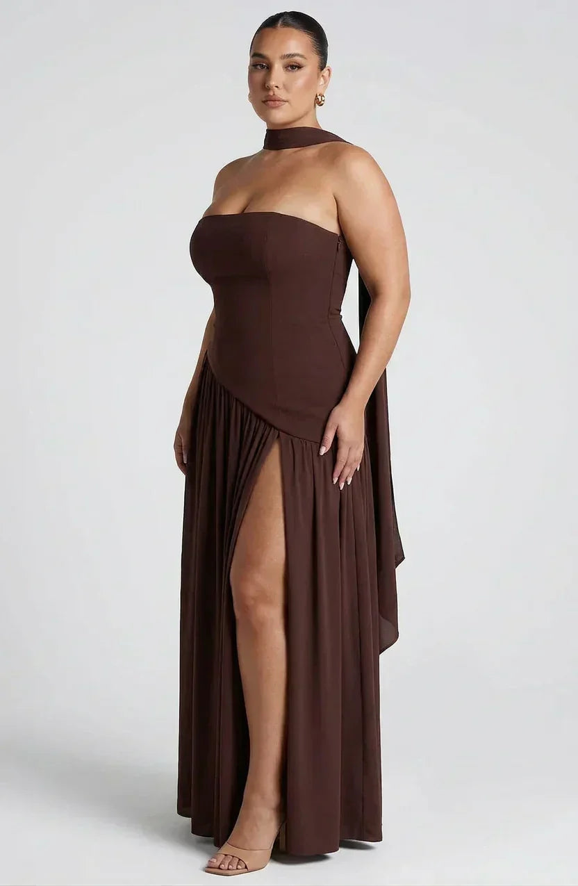 Women’s Strapless Corset Maxi Dress with High Split