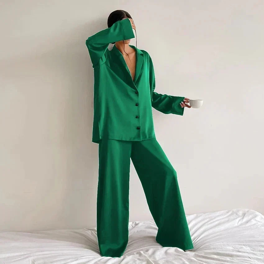 Women's Satin Pyjama Set | Button-Up Shirt & Wide Leg Trousers