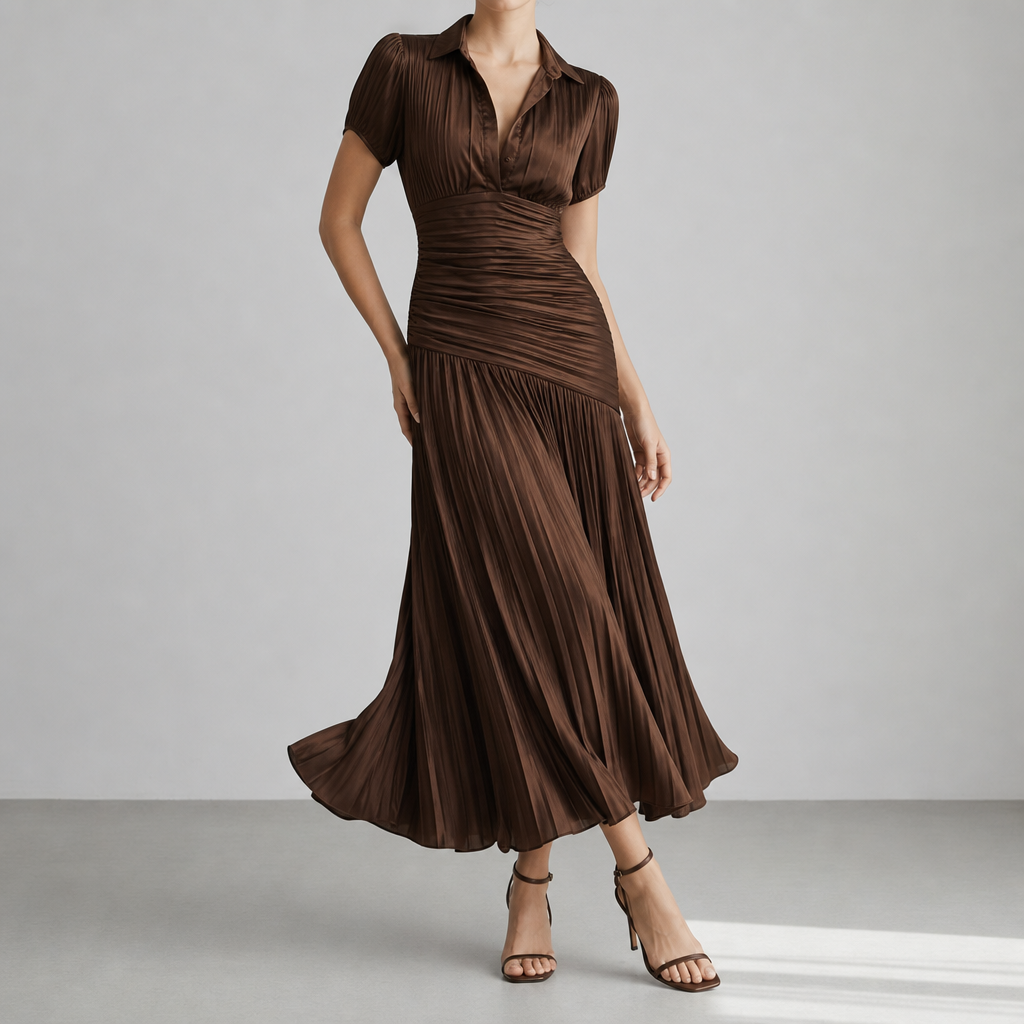 Milos Striped Satin Pleated Dress