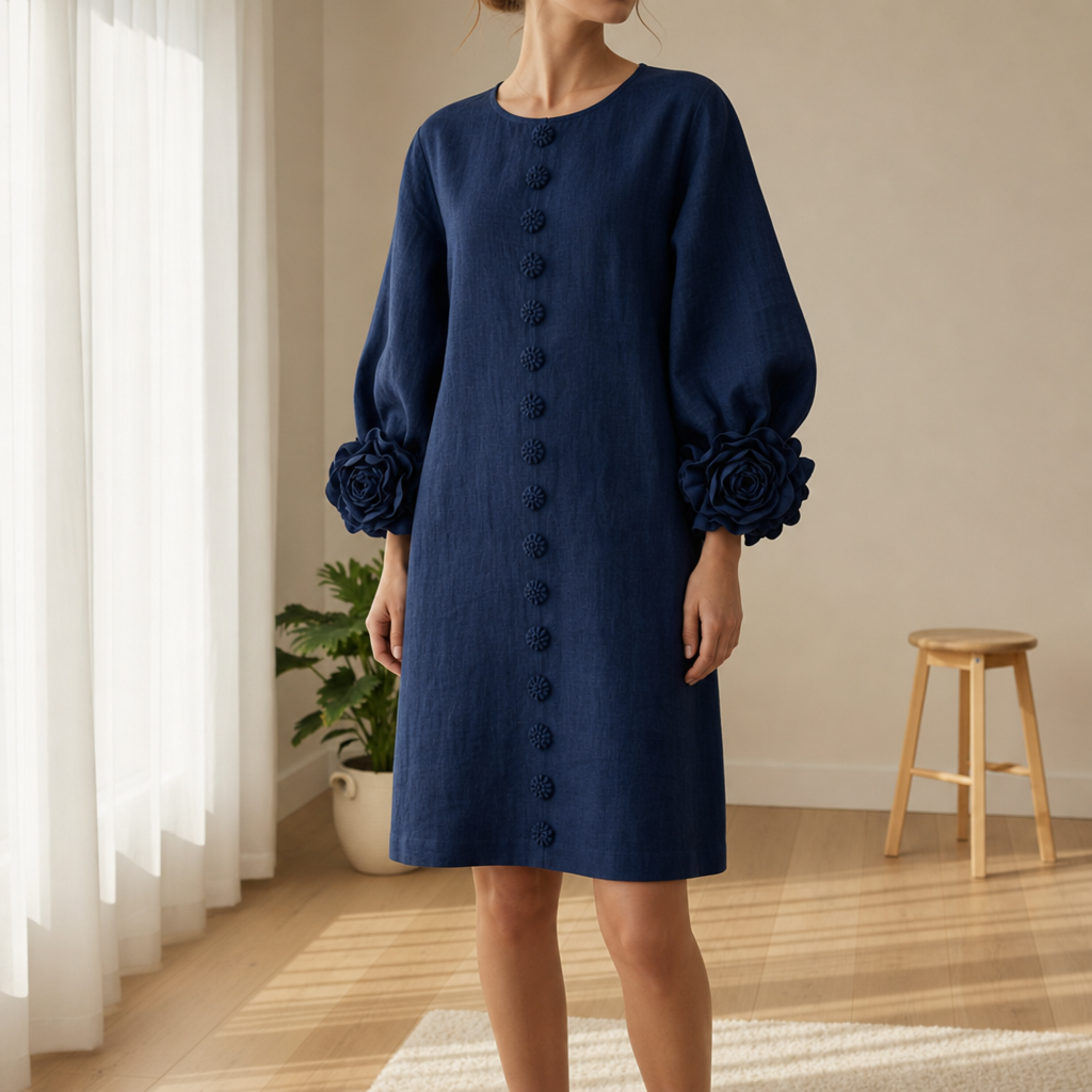 Marvao Rosette Cuff Linen Dress