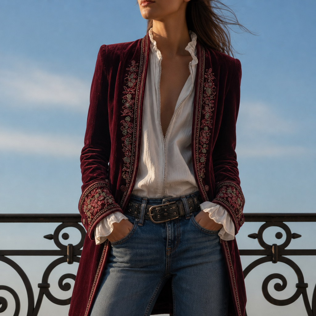 Coimbra Embroidered Velvet Long Jacket