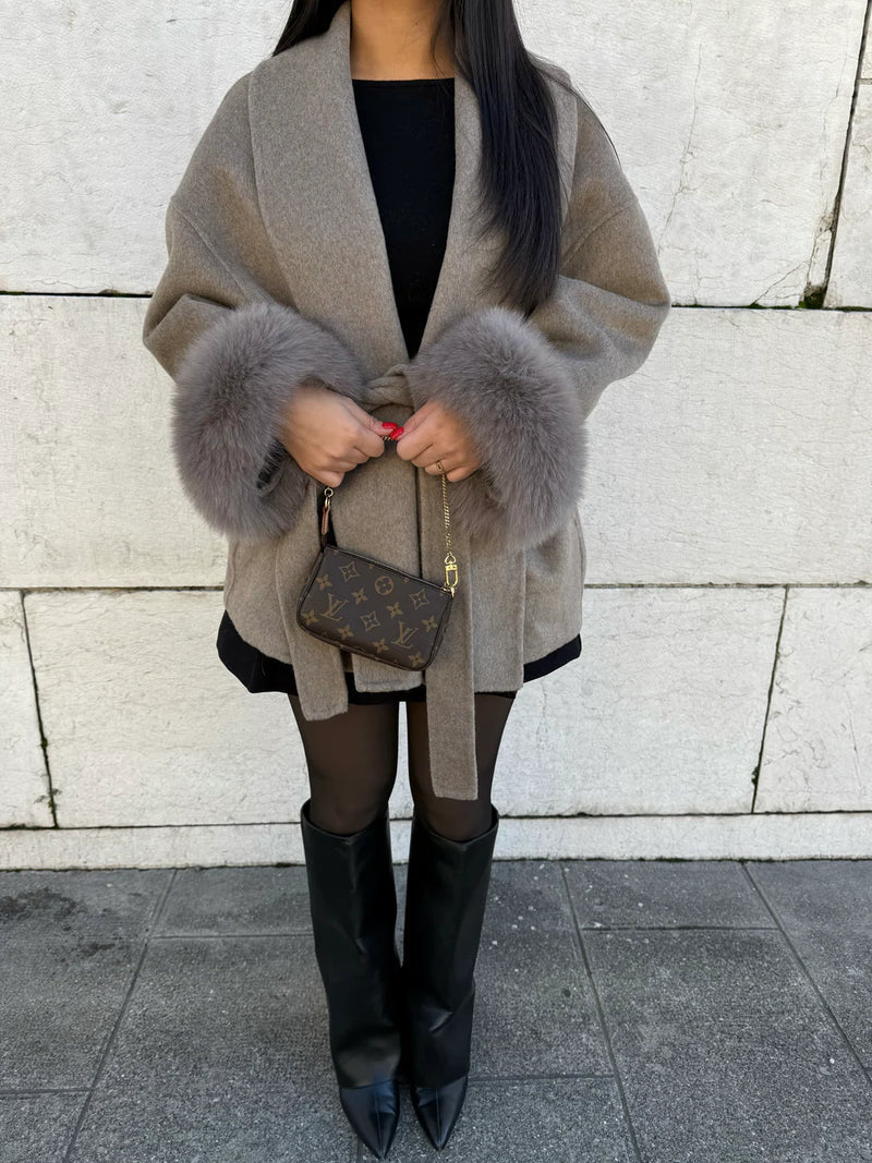 Women's Belted Wool Wrap Coat with Fur-Trimmed Cuffs – Elegant Short Winter Outerwear for Smart Casual Wear