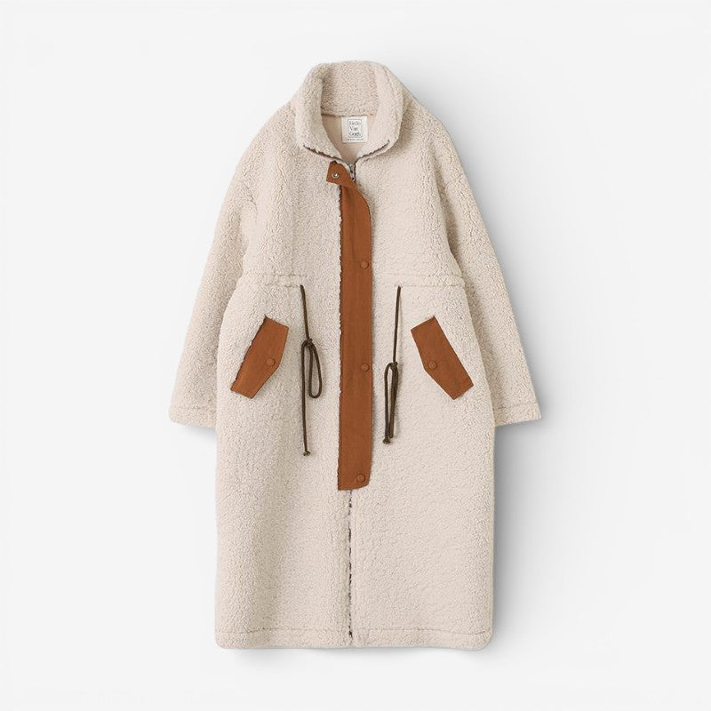 Women’s Longline Teddy Fleece Winter Coat with High Collar and Adjustable Drawstring Waist – Cosy Zip-Up Outerwear for Cold Weather