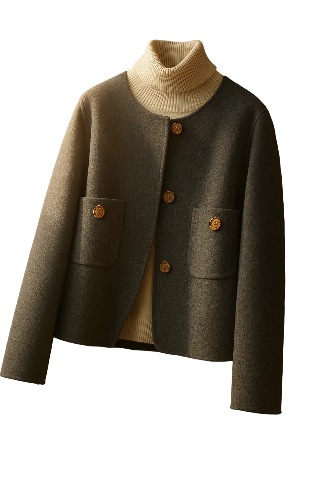 Women's Elegant Cropped Wool Blend Jacket with Round Neck and Button Front – Relaxed Fit Short Tailored Outerwear with Patch Pockets and Long Sleeves for Smart Casual Office Wear and Autumn Spring Layering