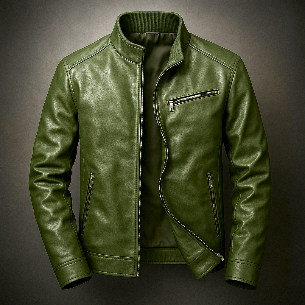 Men’s Zip-Up Leather Look Biker Jacket