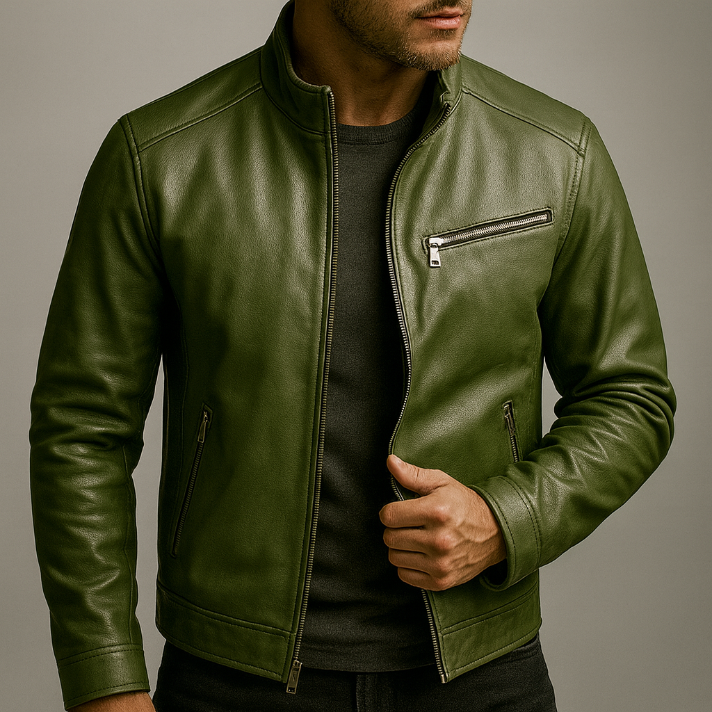 Men’s Zip-Up Leather Look Biker Jacket