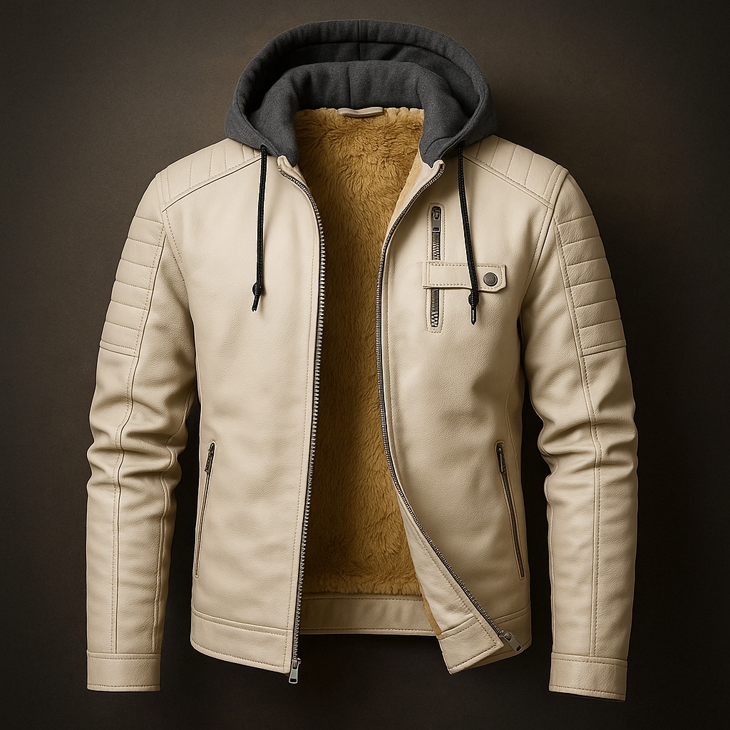 Men’s Hooded Leather Look Biker Jacket