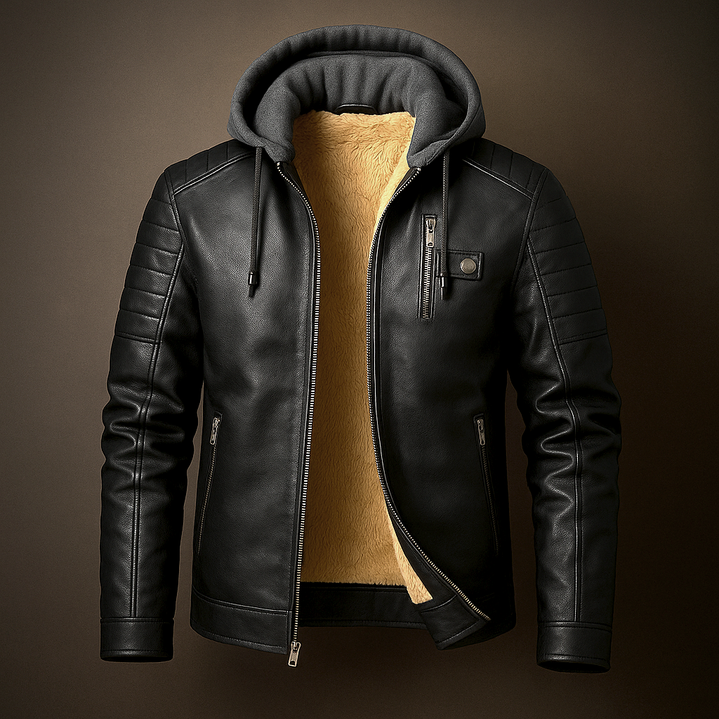 Men’s Hooded Leather Look Biker Jacket
