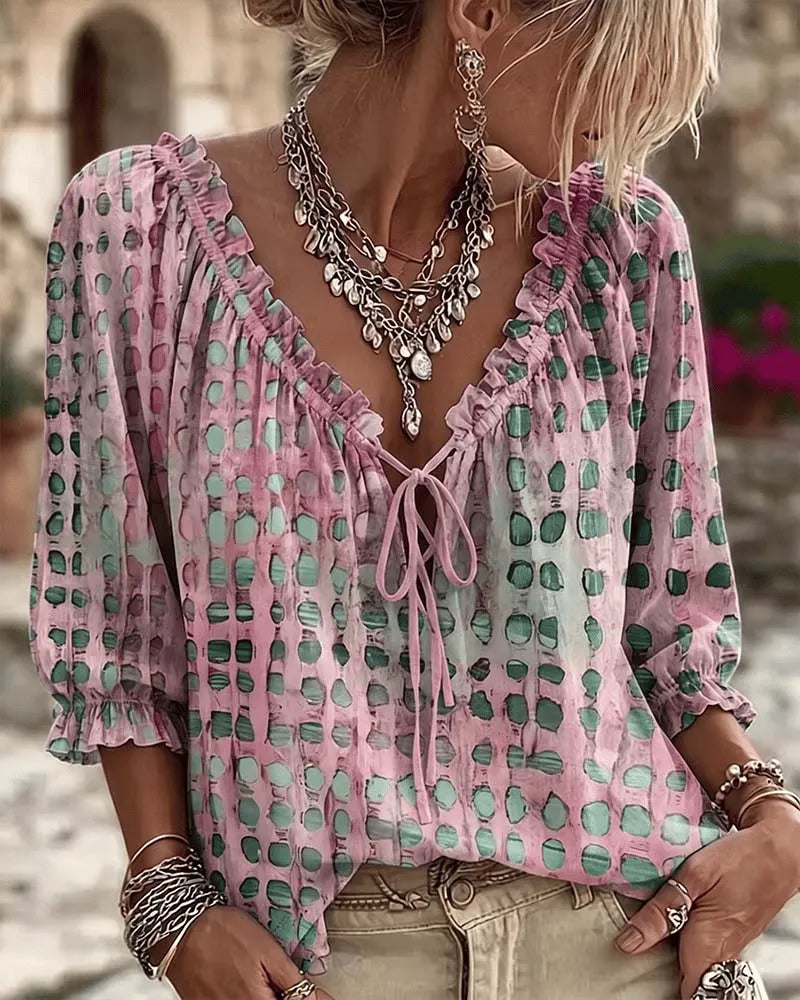 Leona - Soft-Touch Lace-Up V-Neck Blouse