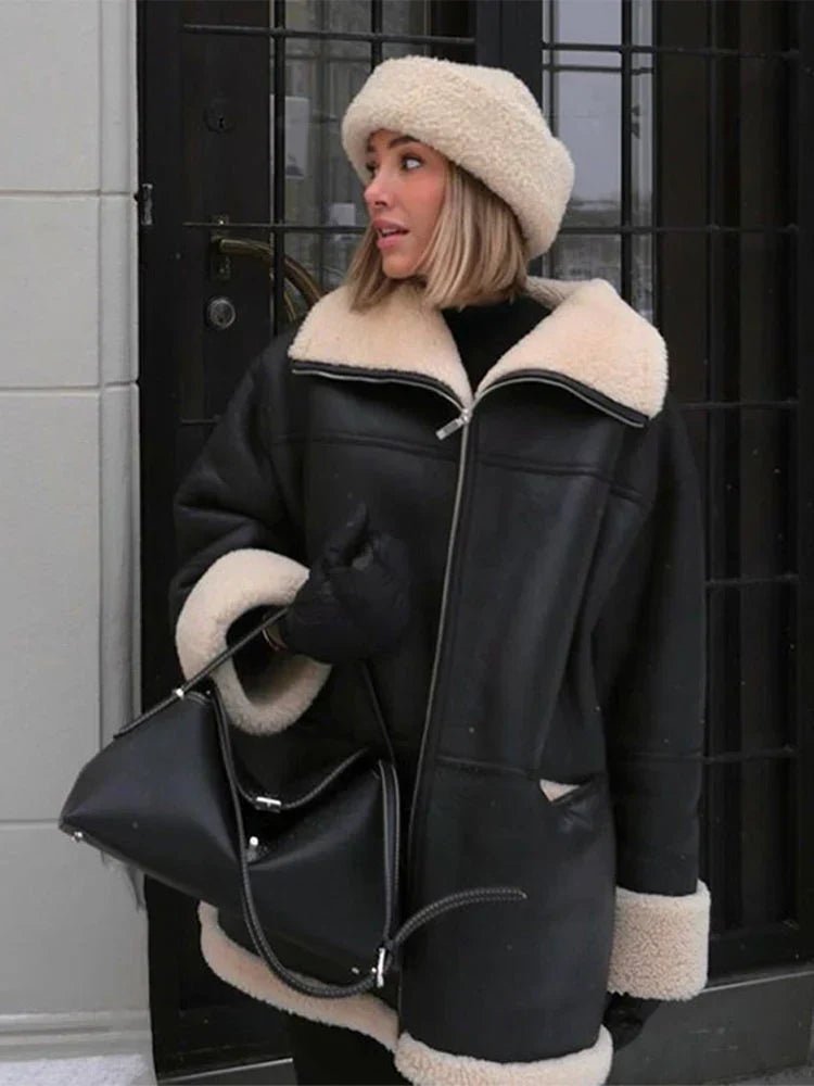 Women’s Faux Leather Shearling-Style Winter Jacket with Oversized Collar – Relaxed Fit Zip-Front Outerwear with Plush Cuffs and Contrast Trim