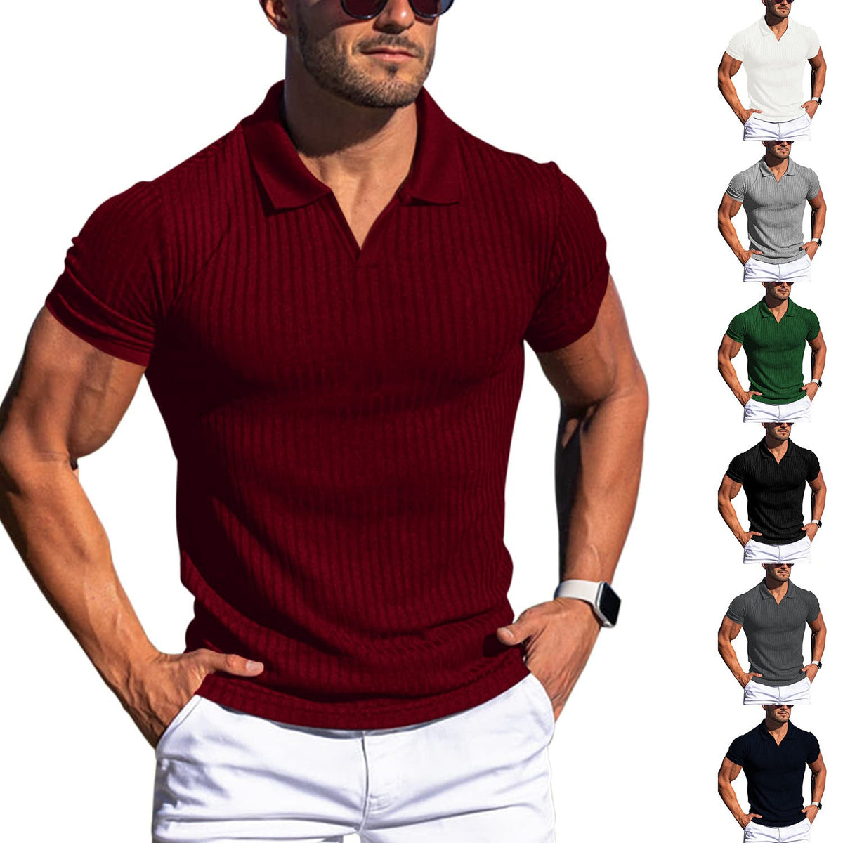 Men's Textured Polo Shirt | Short Sleeve Fitted Knit Top