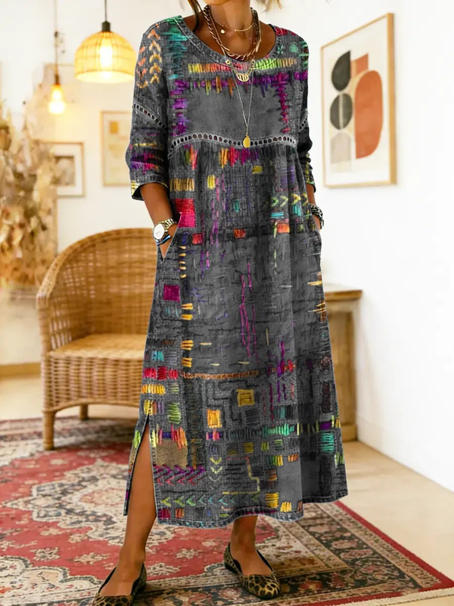 Manuela | Boho Printed Denim Dress with Ethnic Patchwork