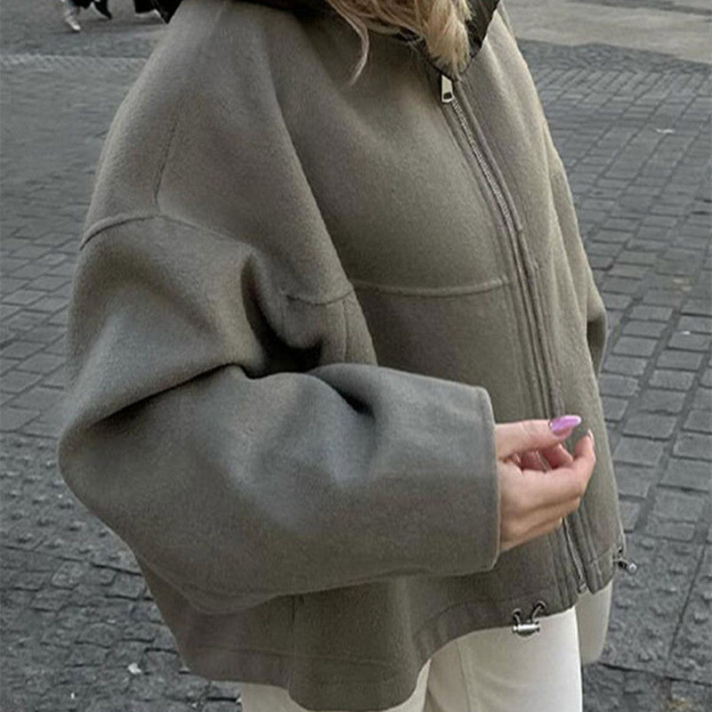 Women’s Cropped Hooded Zip-Up Jacket with Padded Collar – Relaxed Lightweight Casual Outerwear for Autumn and Winter
