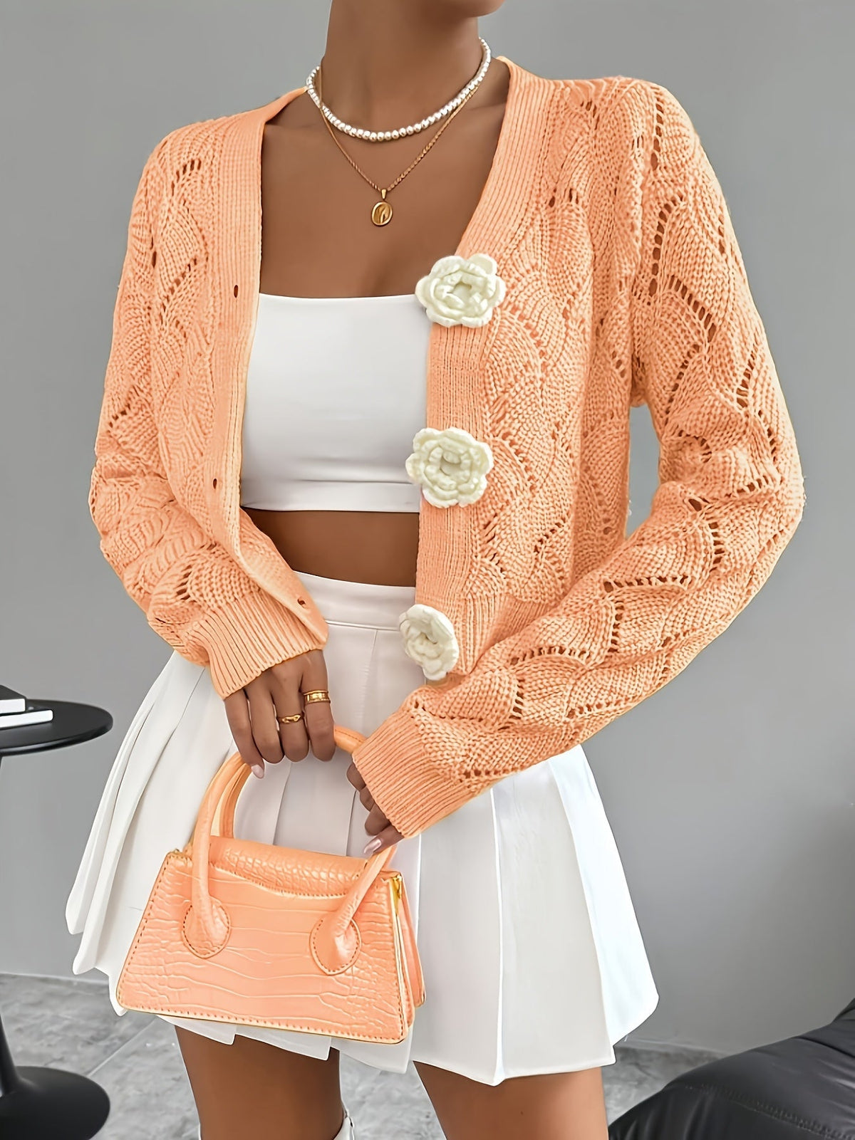 Heidi | Crochet Knit 3D Floral Buttons Cardigan