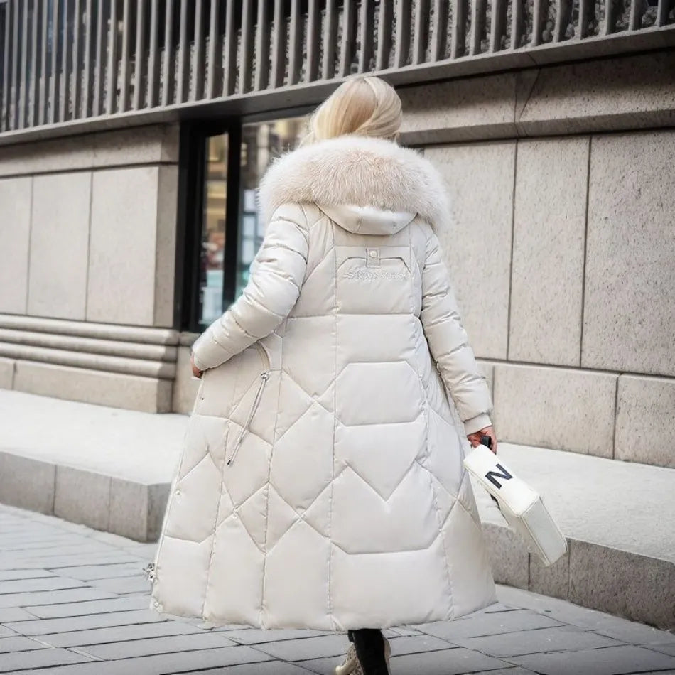 Women's Longline Quilted Puffer Winter Coat with Oversized Fur-Trimmed Hood and Adjustable Waist – Warm Padded Maxi Jacket for Elegant Casual Cold Weather Outfits and Everyday Winter Layering