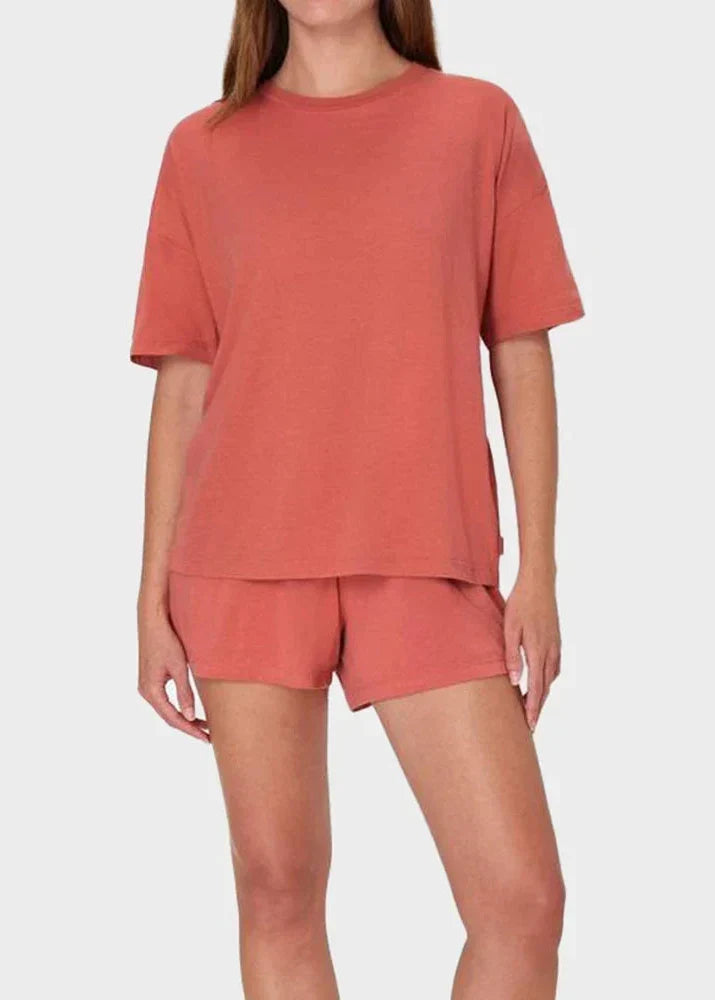 Women's Soft Modal Blend Two-Piece Loungewear Set – Oversized Short Sleeve T-Shirt and Elastic Waist Shorts for Relaxed Home and Sleepwear