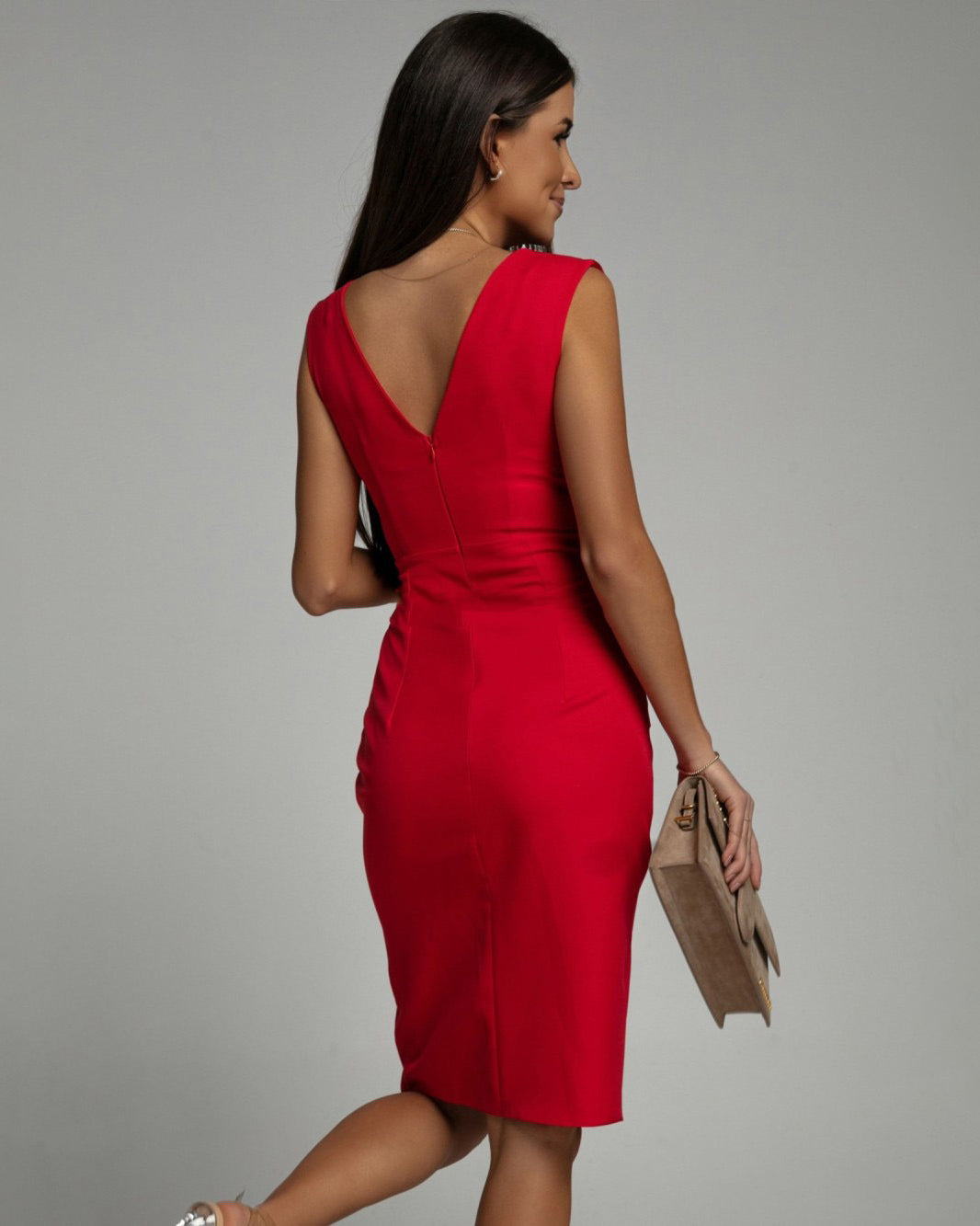 Women’s Ruched V-Neck Midi Dress with Front Split