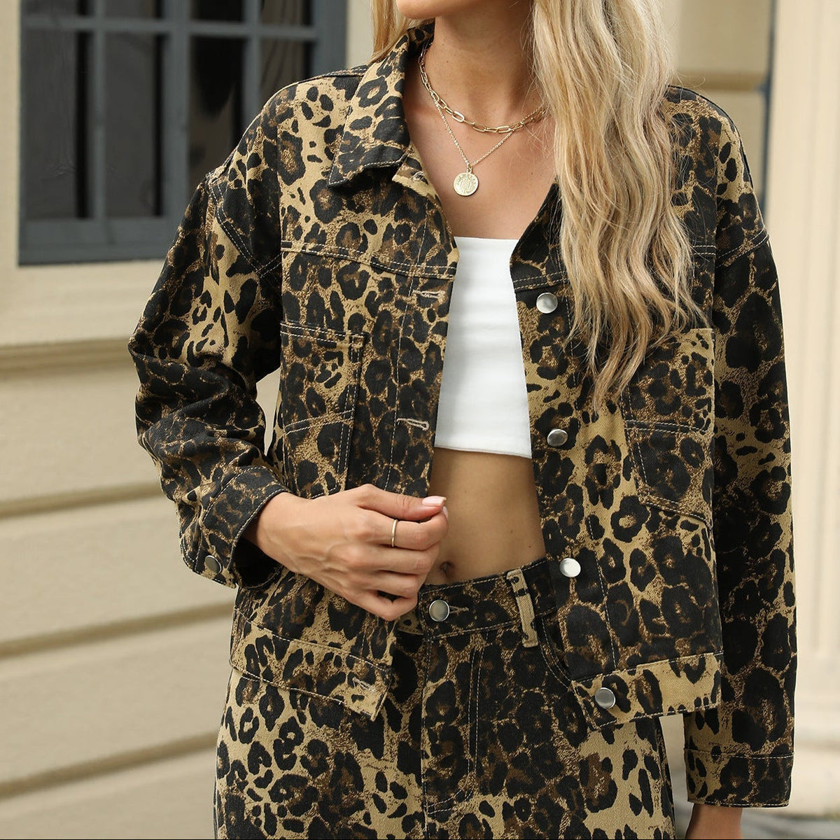 Women's Leopard Print Denim Jacket and Wide-Leg Trousers Set – Relaxed Animal Print Streetwear Co-Ord for Casual Everyday Styling