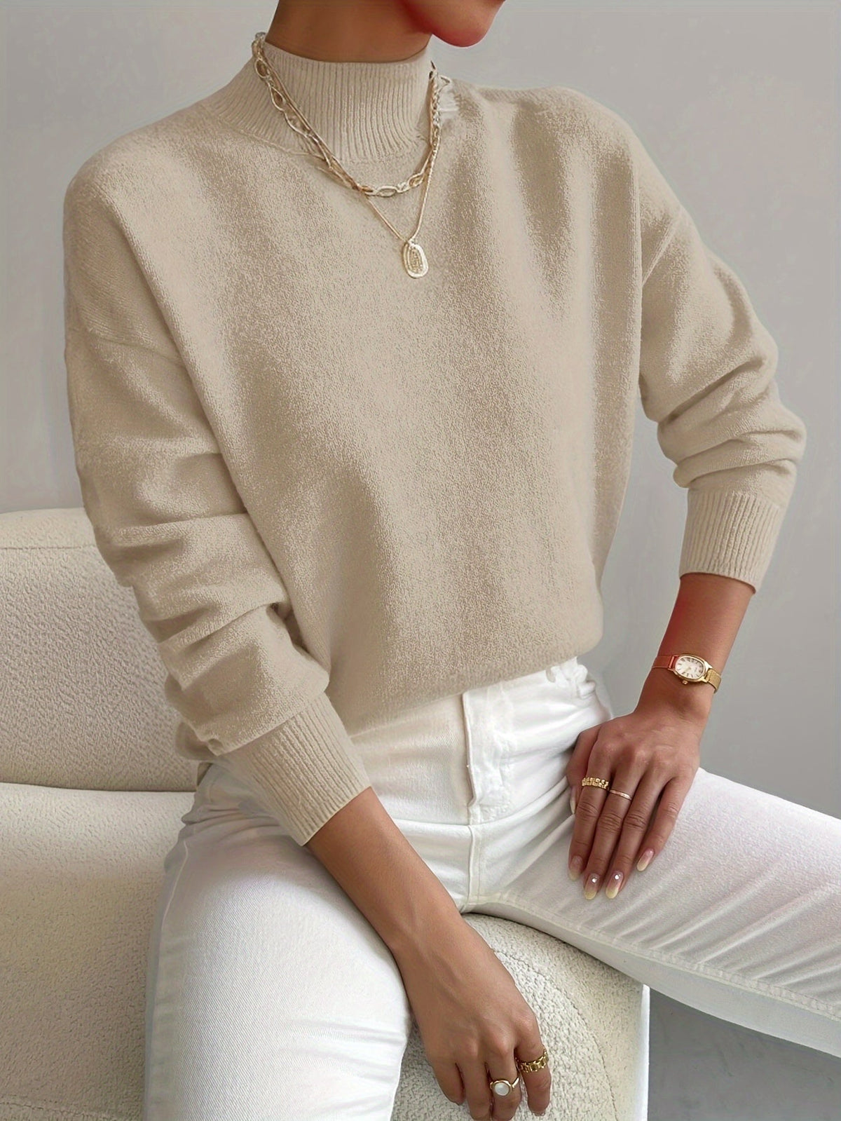 Women's High Neck Knit Jumper with Ribbed Collar